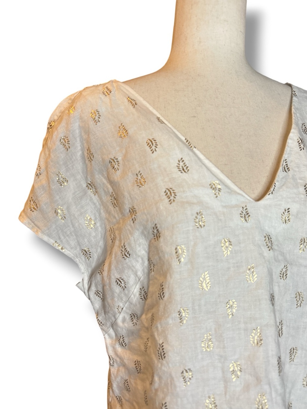 Boden White Linen Gold Palm Leaf Print V-Neck Cap Sleeve Top Size 8 - Picture 4 of 8